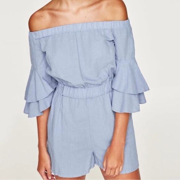 Zara Pants - Zara off the shoulder romper jumpsuit baby blue small